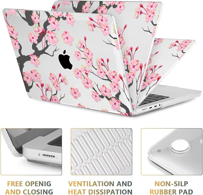 CISSOOK Cherry Blossoms Hard Shell Case for MacBook Pro 14 inch M5 A3434 M4 A3112 A3185 A3401 M3 A2992 A2918 M2 A2779 M1 A2442, Cherry Floral Cover with Keyboard Cover for 2021-2026 Pro 14.2”