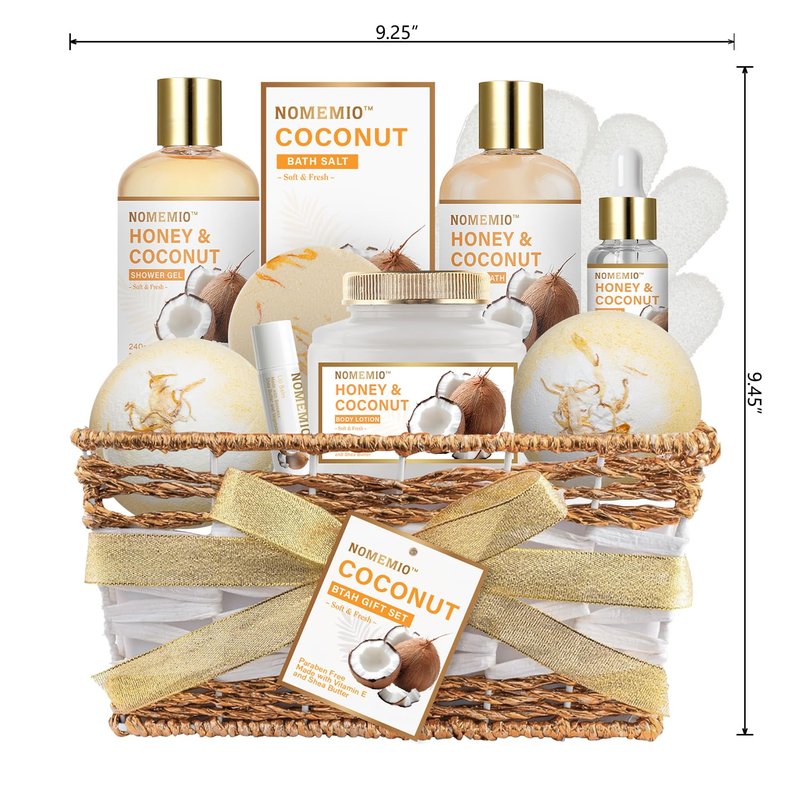 Valentine's Day Spa Gift Basket - 11pcs Honey & Coconut Luxury Bath Set | Perfect Beauty Gifts for Women & Moms