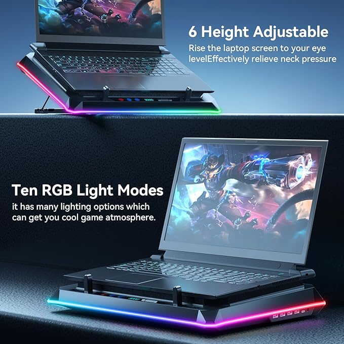 KYOLLY RGB Gaming Laptop Cooling Pad with Two Turbo Fan 3000RPM, Rapid Cooling for 15.6-19.3" Laptops, Variable Speed Control, 6 Adjustable Heights,10 RGB Lighting Modes,4 Hub