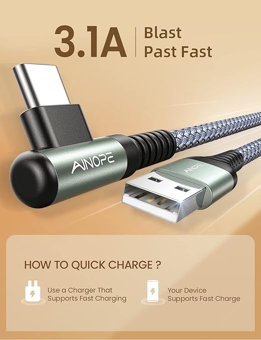 AINOPE USB A to USB C Cable Short 3. 3FT 2-Pack Right Angle Fast Charging & Data Sync Nylon Braided Carplay Android Auto Car Charger Cord for iPhone 17 16 15 Samsung Galaxy iPad Pro Air Android Phones