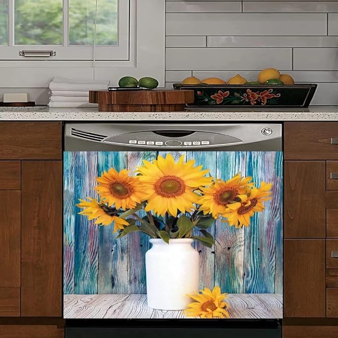 Colorful Wooden Background Kitchen Dishwasher Front Door Cover Decor, Vase Sunflower Fridge Panels Decals Vinyl Cover, Ordinary 23"x17"INCH