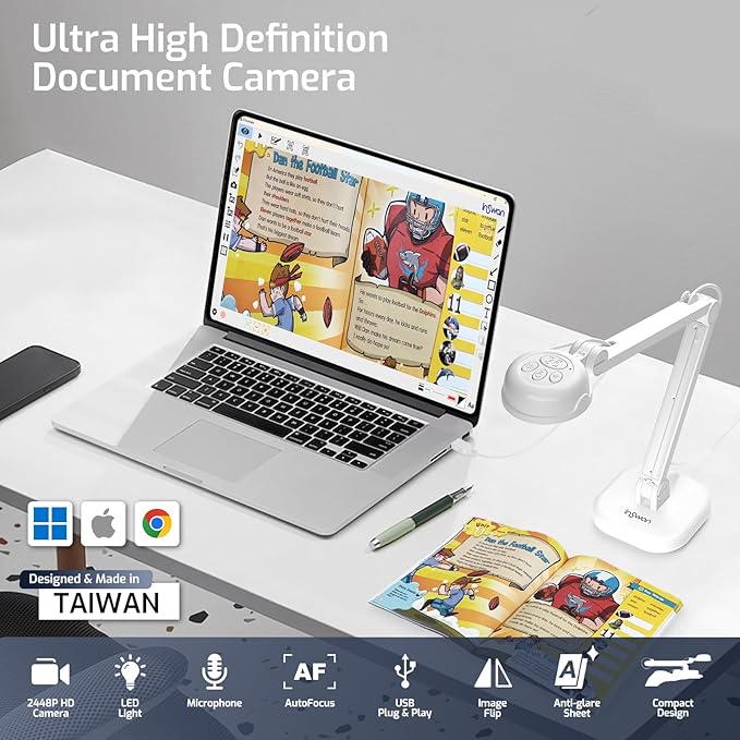 INSWAN INS-1 Classic USB Document Camera/Webcam – 8MP, Auto Focus, LED, Mic, Perfect for Desktop Teaching, Compatible with Windows/Mac/iPad/Chromebook, Ideal for Distance Learning & Live Demos, White