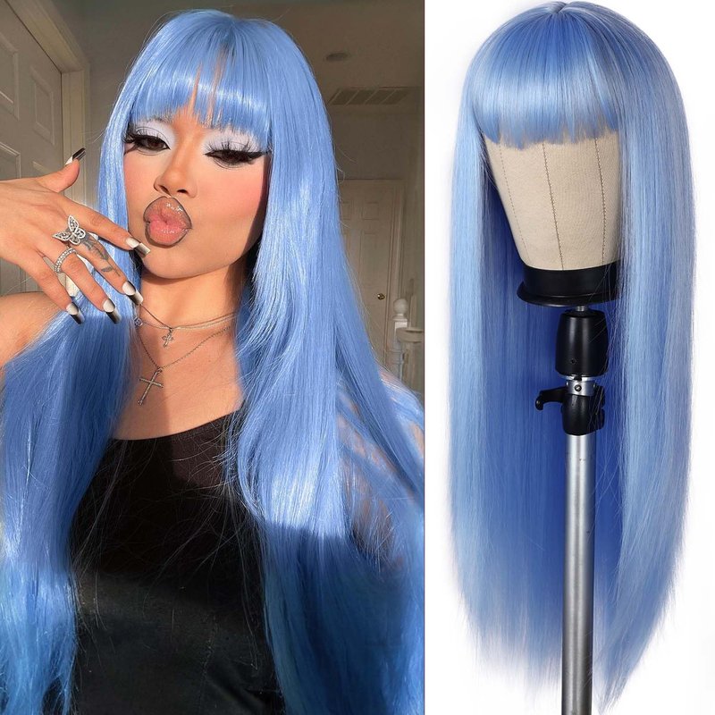 Lady Hanne Long Straight Wig With Bangs Light Blue Silky Straight Hair Wigs for Women 28 Inch Synthetic Heat Resistant Fiber Wig for Cosplay Daily Party Use