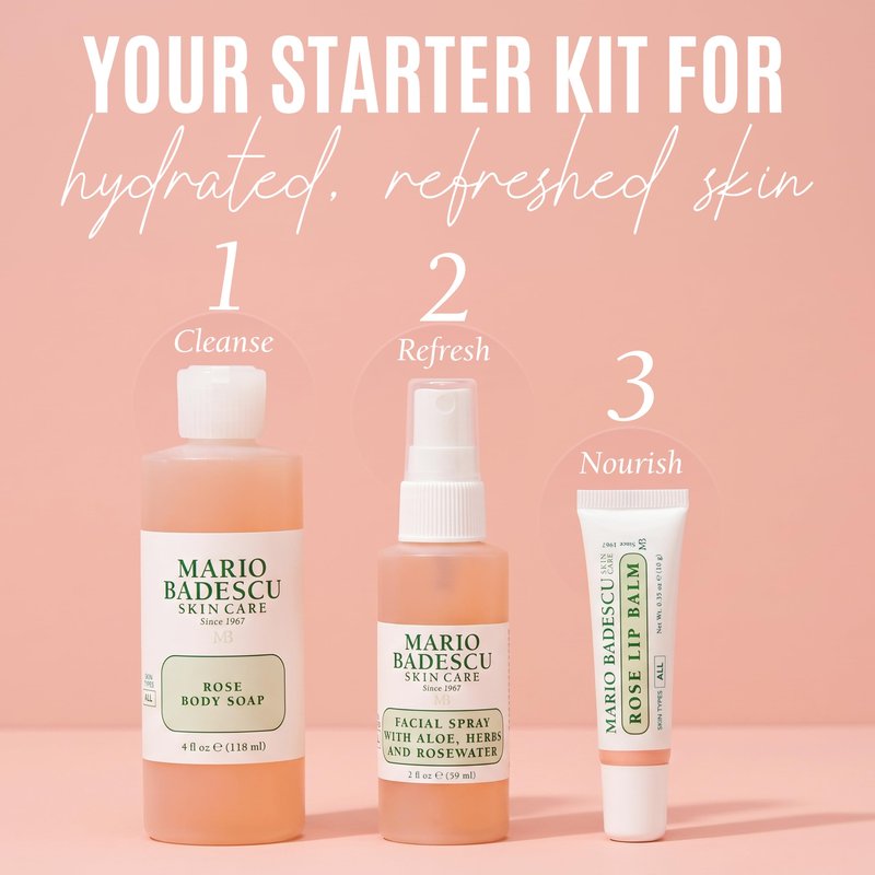 Mario Badescu Rose Essentials 3-Piece Set – Rose Body Wash, Rosewater Facial Spray & Lip Balm for Hydrating Head-to-Toe Skincare