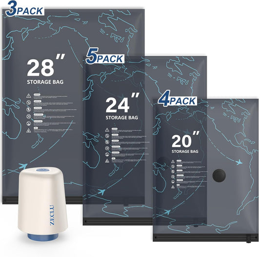 Skiennix Travel Vacuum Bags - 12 Pack with Rechargeable Pump for Clothing Space Saving Storage