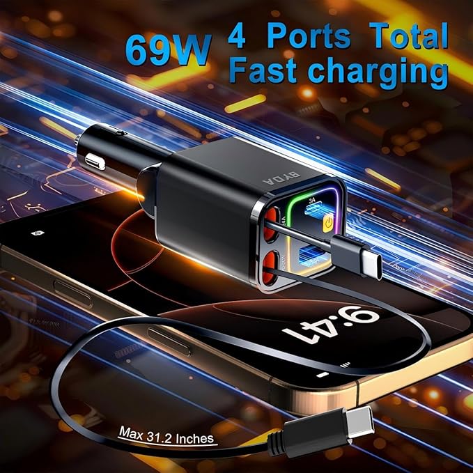 4 in 1 Retractable Car Charger,69W USB-C Fast Car Charger, for iPhone16/15/14/13/12,Cigarette Lighter Charger (Grey, Dual Type C &RGB Breathing Light)