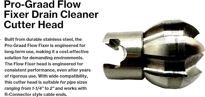 1â Flow Fixer Drain Cleaner Plumbing Snake Cutter Head for 1-1/4" - 2" Pipes, Clears & Scrapes Pipe Inner Walls, with R-Connector (Push Pin Fitting), for Commercial & Residential Use
