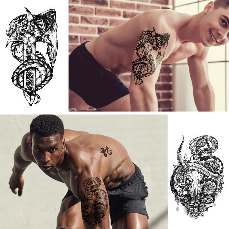VERKSTAD Black Realistic Temporary Tattoos for Men Women, Waterproof Half Sleeve Fake Tattoos for Boys Girls, Warrior Wing Cross Dragon Letter Totem Tattoo Kits for Parties Festivals Cosplay