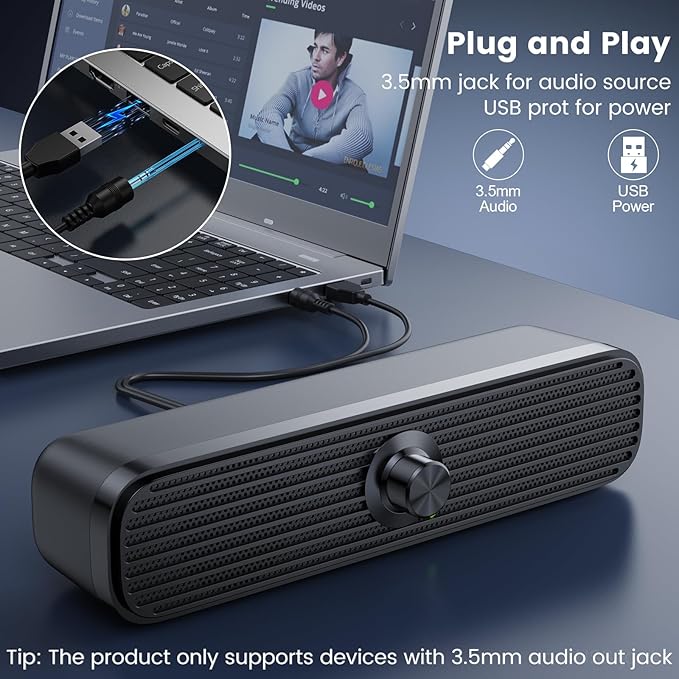 1Mii Computer Speakers for Desktop Laptop Tablet, USB Powered PC Speakers, Small Speakers Wired with Volume Control, Stereo Sound with 3.5mm Audio Plug for Windows Mac Linux PCs