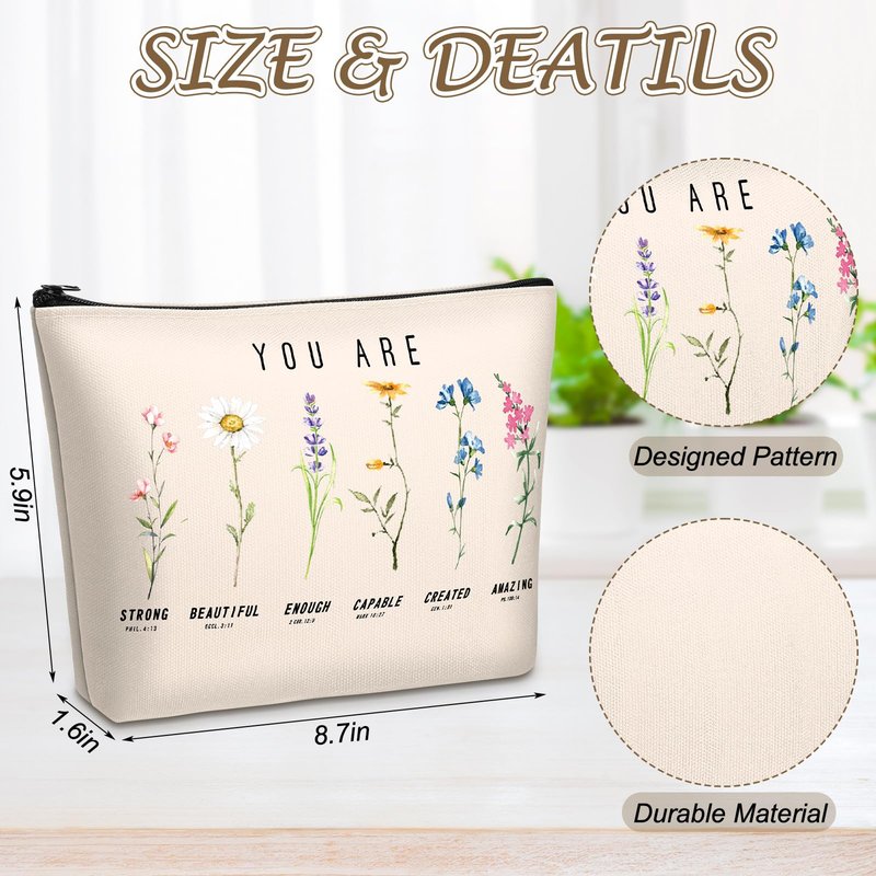 Frienda 24 Pcs God Says You Are Cosmetic Bags for Women Bible Verse Floral Makeup Case Inspirational Religious Bags Affirmations Christian Gifts for Mother's Day Birthday Easter Day(Natural Color)