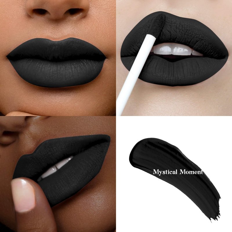 ilembane Matte Superstay Dark Black Liquid Lipstick, Pure Black, High Impact Color, Up to 16H Wear, Transfer-Proof Smudge Proof & Waterproof for Goth, Cosplay, Halloween, 0.17 Fl Oz (Mystical Moment)