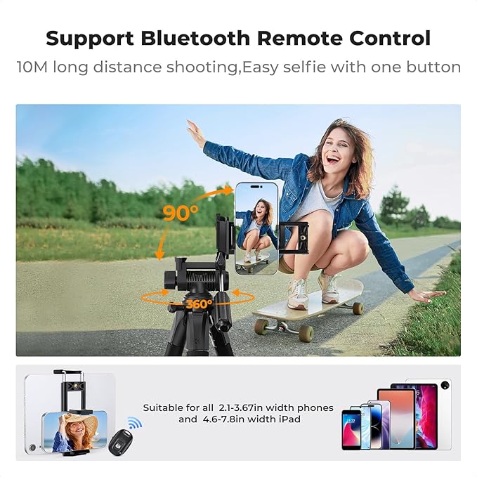 K&F CONCEPT Camera Tripod, 75" Lightweight Portable Travel Outdoor DSLR Tripods for Camera Phone Video Recording Tripod Stand, Cellphone Clip for Smartphone Live Streaming Vlog, Black