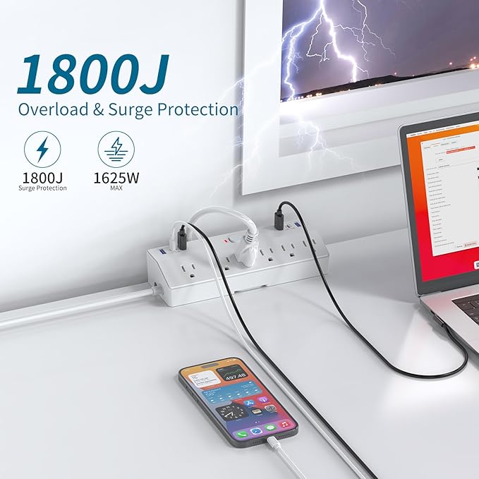 40W Fast Charging Station, Desk Clamp Power Strip 10FT Extension Cord, JXGUCAT Removable Desk Mount Flat Plug Power Strip Surge Protector, 2 USB-C Ports, 6 Outlets, Fits 1.8" Tabletop Edge