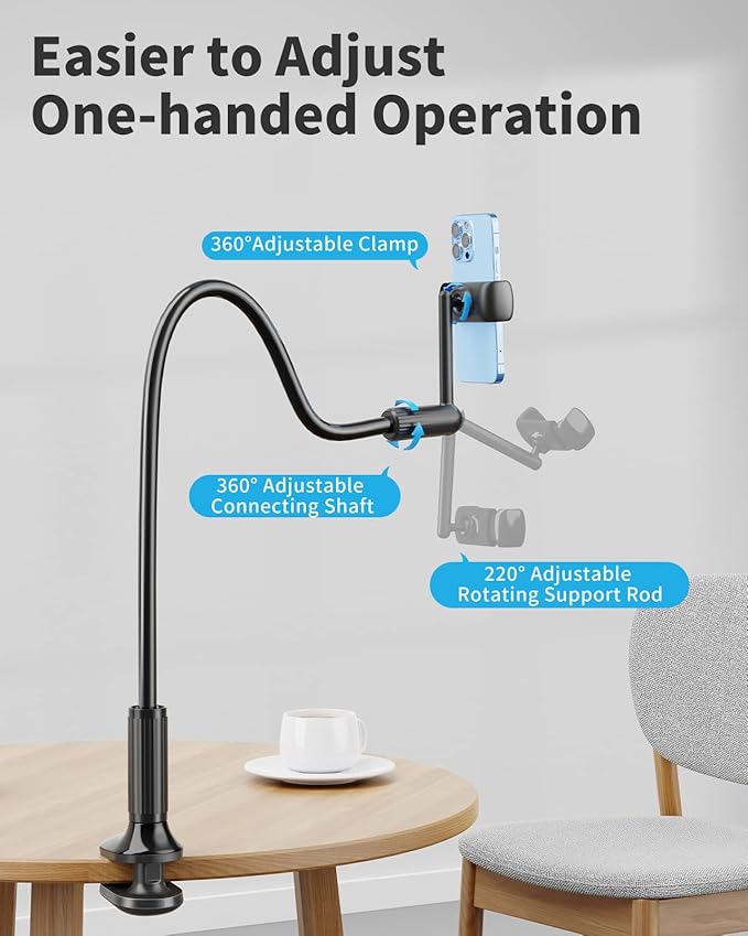 SAIJI Gooseneck Phone Holder for Bed, 360° Rotate Support Rod One-Hand Adjustable Cell Phone Stand, Compatible with All 4.7-7" Devices (White)