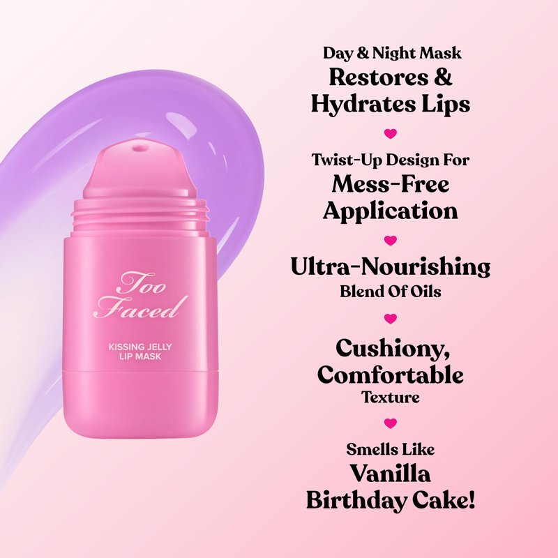 Too Faced Kissing Jelly Lip Mask Night & Day Hydrating Lip Treatment | Nourishing & Hydrating Lip Mask for Dry Lips with Twist Up Design, Birthday Kiss, 0.50 Fl Oz
