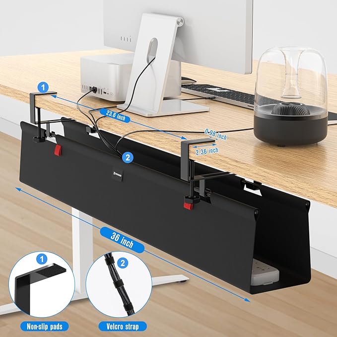 WISUGASO Under Desk Cable Management Tray for Table, No Drill 36" Cord Organizer with Cable Loop, Upgraded Oxford Fabric Wire Management for Office, Home - No Damage to Table