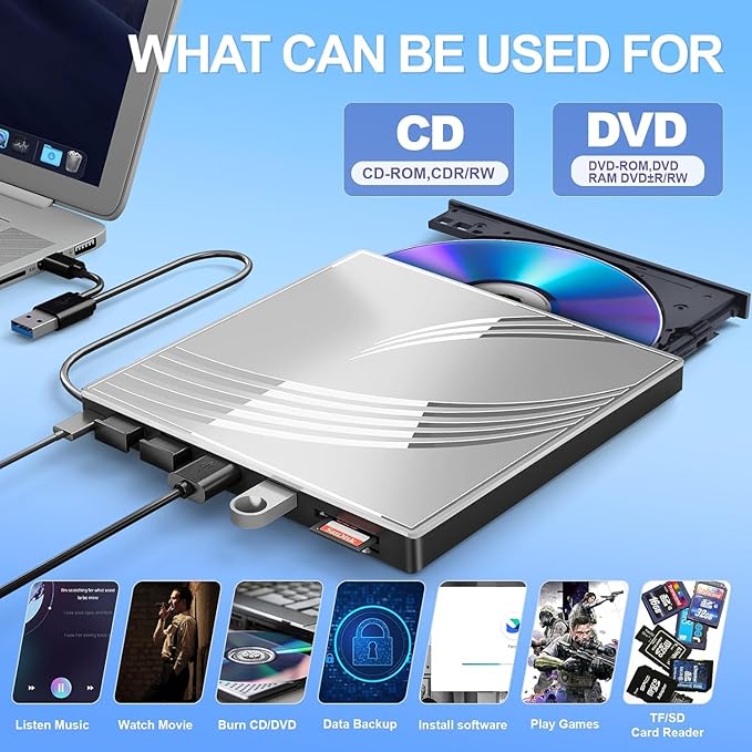 BPAKDU External CD/DVD Drive for Laptop, Ultra Slim CD Burner USB 3.0 Hub with 4 USB Ports, 2 TF/SD Card Slots,1 Type-C Port,DVD Player for Laptop Compatible with mac OS/Windows/Linux (Silver)