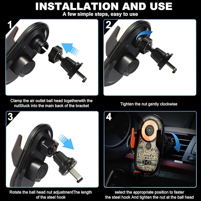 HOLIKLJY Wireless Car Charger, 15W Fast Charging Auto-Clamping Car Charger Phone Mount Air Vent Cell Phone Holder Compatible with iPhone 16 Pro Max/15/14/13/12/11, Samsung Galaxy S23/S22/S21/S20, etc