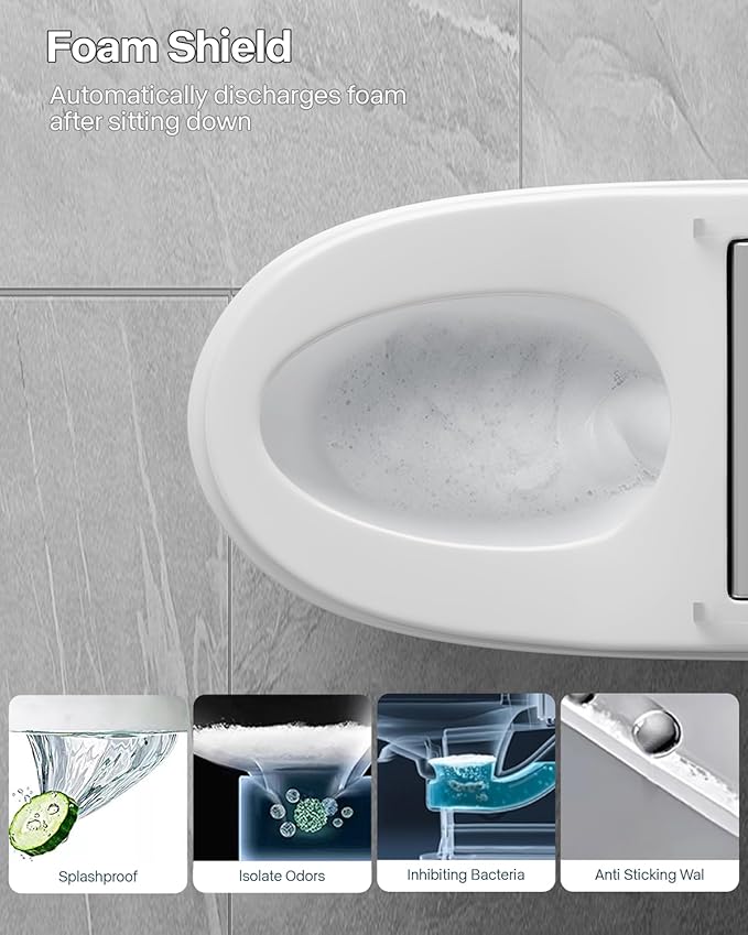 Smart Toilet with Bidet Built In, ADA Comfort Height, One Piece Elongated Toilet with Tank Built in,Pump, Auto Open Close Quiet Flush, Foam Shield, Voice Control Heated Seat, Instant Warm Water