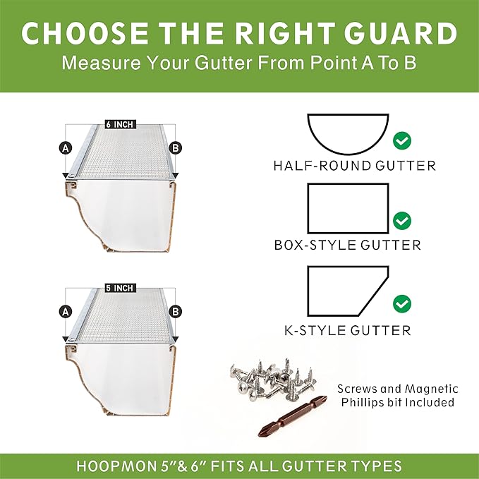 6 Inch Gutter Guard - Heavy Duty 100% Stainless Steel High-Flow Leaf Screen for Debris, Clog & Overflow Protection - Fits K-Style & Half-Round, Screws Included (1 Panel, 6in x 7.8in)