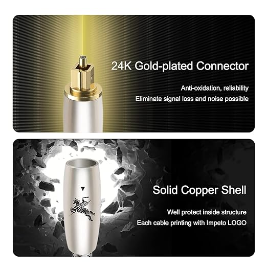 Impeto Premium Fiber Optic Audio Cable 6.5ft (2m) | Toslink S/PDIF | 24K Gold-Plated | Glass Core | for Soundbars, TVs, PS5, Xbox
