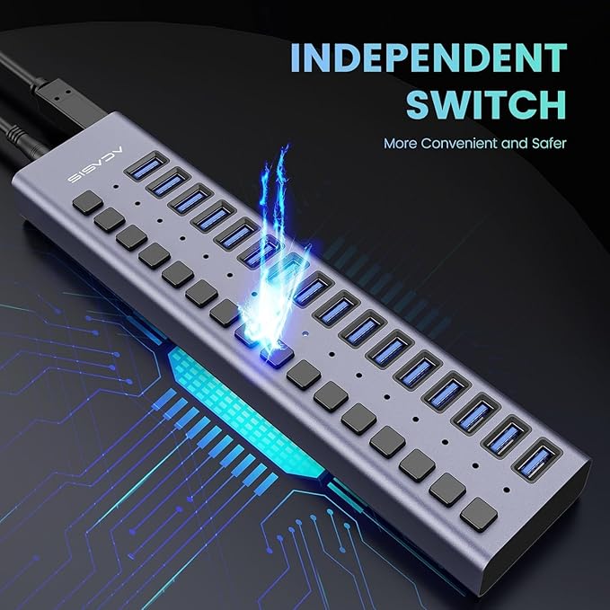 Powered USB Hub - ACASIS 16 Ports 90W USB 3.0 Data Hub - with Individual On/Off Switches and 12V/7.5A Power Adapter USB Hub 3.0 Splitter for Laptop, PC, Computer, Mobile HDD, Flash Drive and More