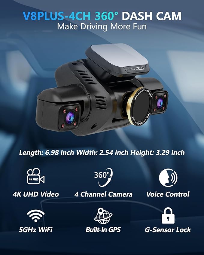 HUPEJOS AI Dash Cam Front Rear Inside with Driver Monitor System, 360° Car Camera 4K, 4 Channel Camera for Cars, WiFi GPS, Dashcam 64GB SD Card, Night Vision, 24H Parking Mode, Upgrade DMS V8Plus