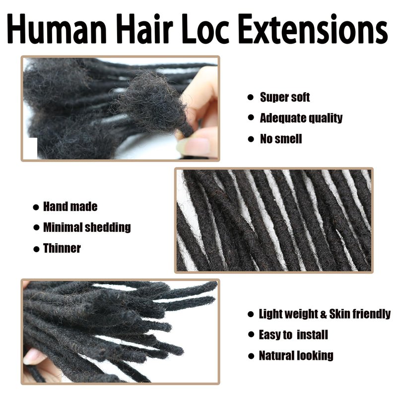 Coriario 0.4 cm Real Human Hair Dreadlock Extensions 8 inch 30 Strands Full Handmade Permanent Loc Extensions Human Hair Natural Black Dreads Extensions for Men Women Kids