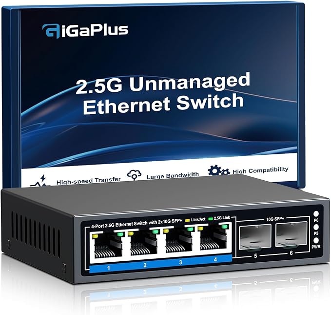 GiGaPlus 6 Ports 2.5Gb Unmanaged Ethernet Switch with 4* 2.5G Base-T Ports, 2* 10G SFP+ Ports. 2.5Gbps Network Switch for 2.5Gbps NAS/PC, WiFi6 Router, Wireless AP. Fanless Design, Plug and Play