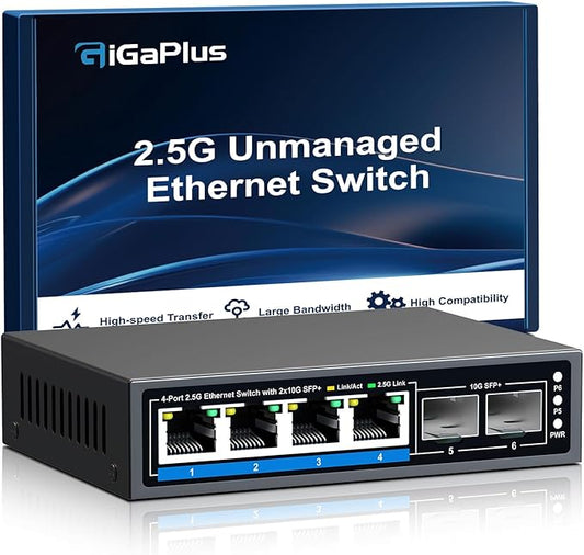 GiGaPlus 6 Ports 2.5Gb Unmanaged Ethernet Switch with 4* 2.5G Base-T Ports, 2* 10G SFP+ Ports. 2.5Gbps Network Switch for 2.5Gbps NAS/PC, WiFi6 Router, Wireless AP. Fanless Design, Plug and Play