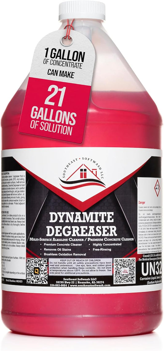 Dynamite Degreaser by Southeast Softwash | Heavy Duty Degreaser Cleaner for Oil and Grease | Driveway Cleaner for Concrete, Dumpster Pads, Gas Stations and Commercial Surfaces | 1 Gallon