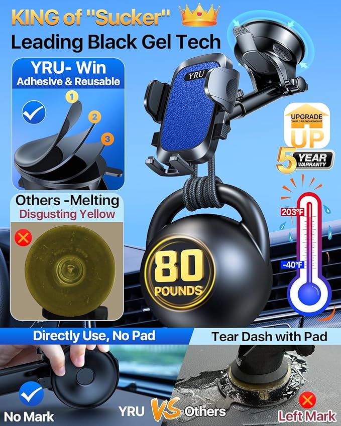 [True Upgrade for Safety] YRU Car Phone Holder Mount [Patent & Military-Grade]Dashboard Cell Phone Holder for Car Vent Windshield Phone Stand for iPhone 17 16 15 14 13 Pro Max Truck Samsung, Dark Blue