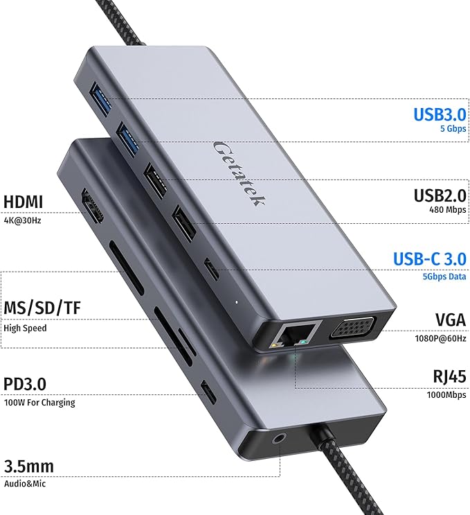 Getatek13-in-1 Docking Station with 4K HDMI,VGA,Ethernet,USB A 3.0 Data Port and USB C 5Gbps Port,100W PD Charging,SD/TF/MS Card Reader and 3.5MM Audior for MacBook, Acer, Laptops, Surface and More