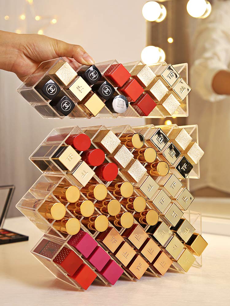 YIEZI Lipstick Holder Organizer 48 Spaces Acrylic Stackable Fish Shape Lipstick Tower, Lip Gloss Storage Stand, Perfect for Lipgloss Organizers Makeup Vanity Display, Clear (3 Pack)