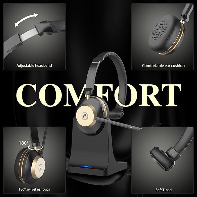 NOTESNEE V5.3 Wireless Headset with Mic for Work, 45Hrs Computer Headset with Microphone, Bluetooth Headphones with Noise Cancelling Mic, Charging Base, USB Dongle & Mute Button for PC, Skype, Zoom