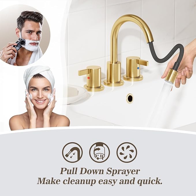 Phiestina Pull Down Sprayer Brushed Gold 8 Inch Bathroom Sink Faucet, 2 Handles 3 Hole Widespread Pull Out Bathroom Faucet，with Pop Up Drain and Water Supply Line,BF04022-K01-BG