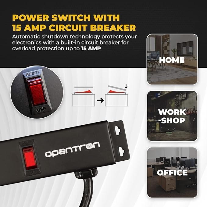Opentron 9 Black Verticle Outlets 6 Feet Power Cord Heavy Duty Metal Surge Protector Power Strip