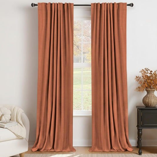 Skiennix 100% Blackout Linen Curtains - Thermal Insulated Drapes, 50" W x 102" L, Burnt Orange - 2 Panels Set