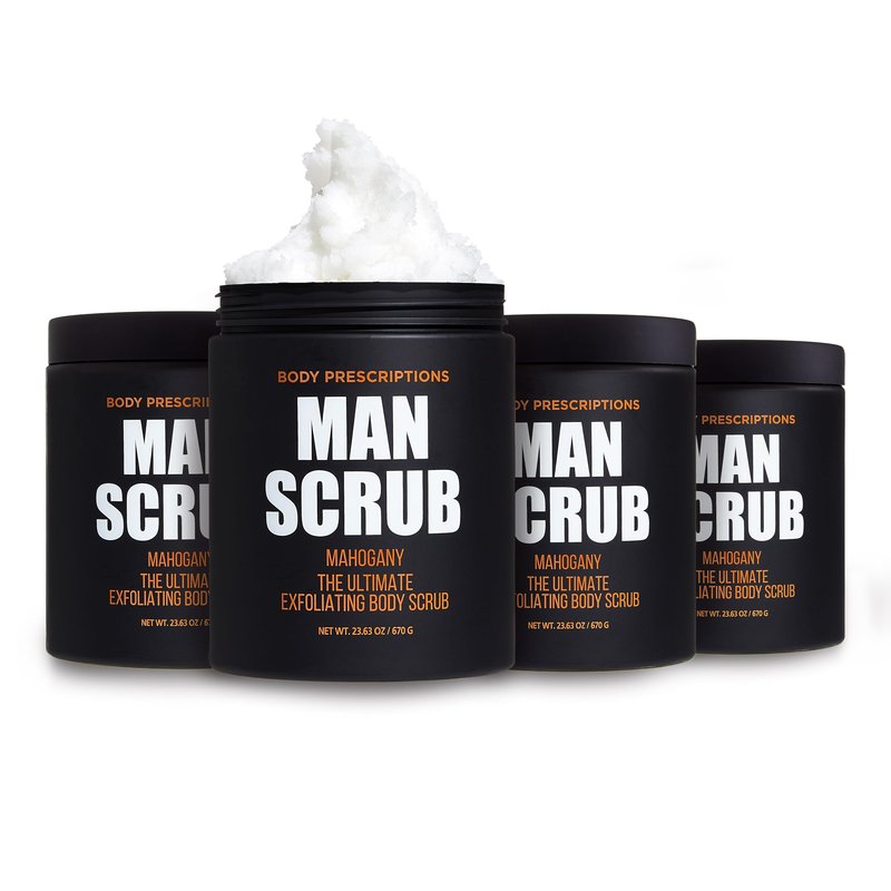 Body Prescriptions Menâs Exfoliating Body Scrub â Ultimate Skin Cleansing Wash in Jar with Twist-Top Lid, For All Skin Types, 21 Ounce (Pack of 4), Mahogany