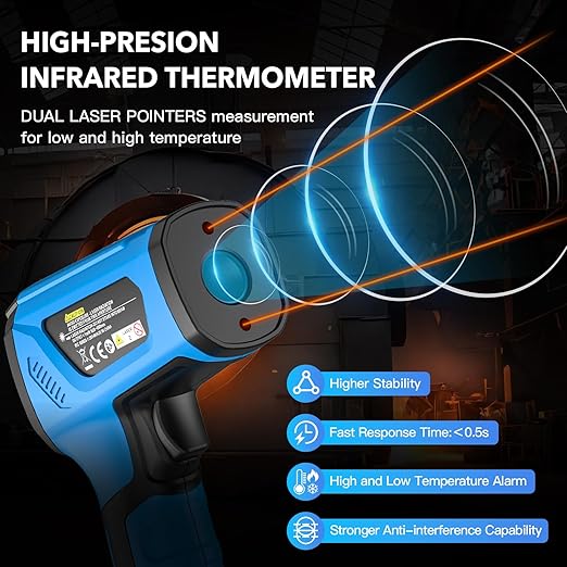 INSTRODOTS Infrared Thermometer Temperature Gun, -40℉ to 2192℉ Dual Laser High Temp Thermometer with LCD Color Display, Non-Contact Industrial Pyrometer 50:1 Distance Ratio, Adjustable Emissivity