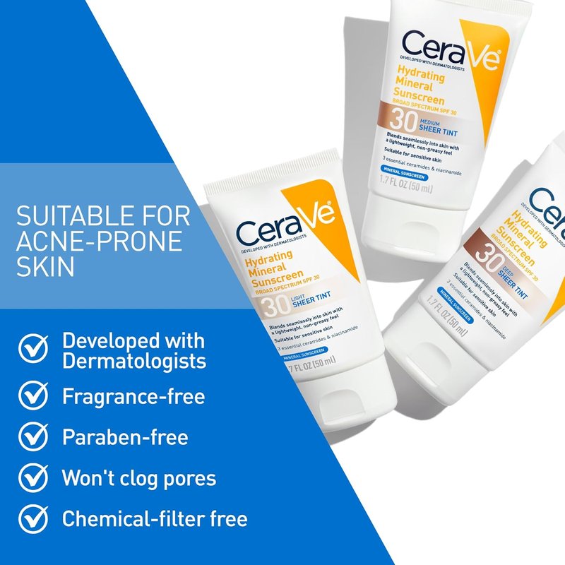 CeraVe Hydrating Mineral Sunscreen SPF 30 - Tinted Zinc Oxide Formula for Healthy Glow | Medium, 1.7 Fl Oz