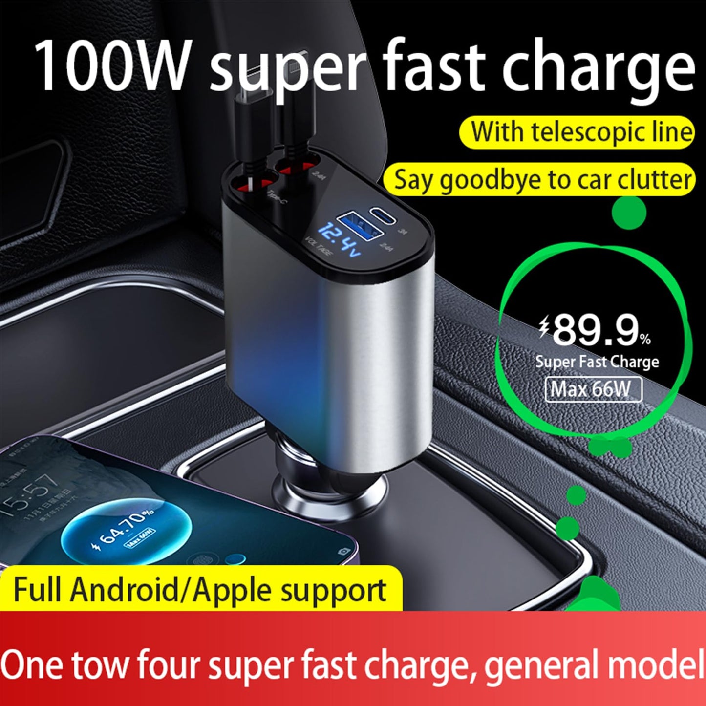Retractable Car Charger，4 in1 Fast Car Phone Charger with Dual Retractable Cables and 2 Charging Ports (Type C+Lightning Retractable Cords)