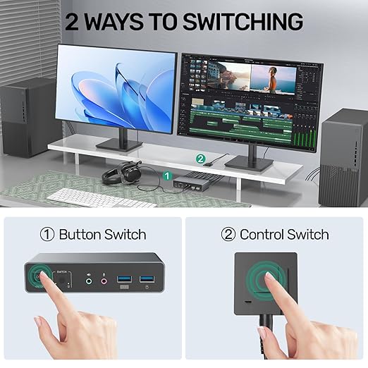 SUIDEK HDMI Displayport KVM Switch 2 Monitors 2 Computers - 4K@60Hz Aluminum with 3 USB 3.0 Ports Audio & Microphone Ports Share Dual Monitors Keyboard Mouse Printer - 2 USB Cable Controller Adapter