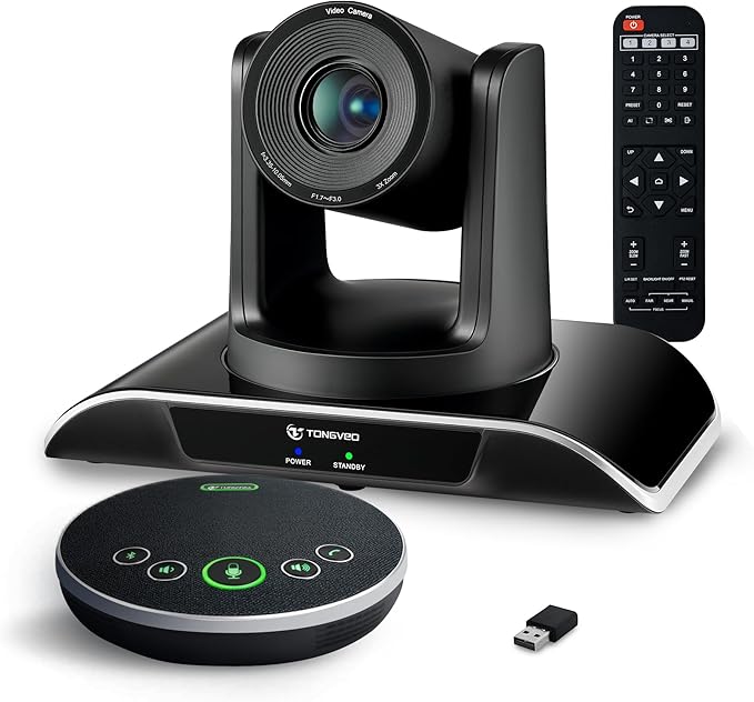 TONGVEO All-in-One Conference Room Video Camera System Al Auto-Tracking HD1080P 60fps 3X Optical Zoom USB3.0 HDMI PTZ Camera and Bluetooth Conference Speakerphone with Microphones
