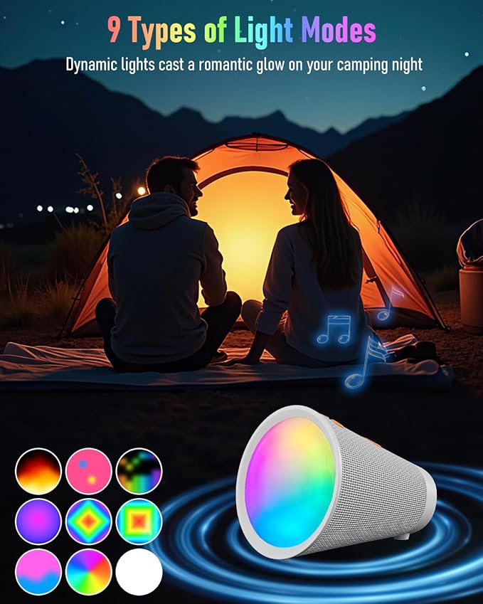 Gladorn Portable Bluetooth Speaker Wireless with 9 Color Lights, 20H Playtime, Stereo Pairing, Deep Bass, IPX6 Waterproof, Bluetooth 5.3, Small Speaker for Home, Party, Outdoor, Camping, Beach, Gift