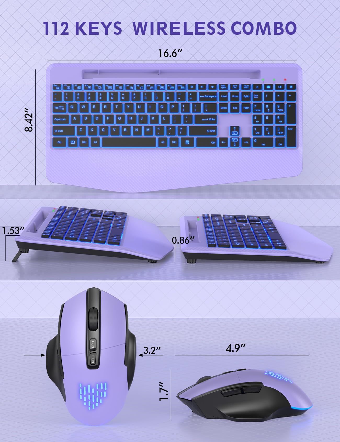 Wireless Keyboard and Mouse Backlits, Wrist Rest, LED Mouse, Rechargeable Ergonomic Keyboard with Phone Holder, Silent Light Up Combo for Computer, Mac, PC, Laptop, Chromebook (Purple)