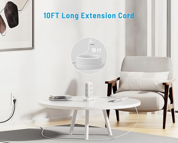 Flat Plug Power Strip Tower, TenTrend 65W Max Charging Tower with 12 AC Outlets & 8 USB Ports (4 USB C), 82W Total Fast Charging Station, 10FT Extension Cord for Desk Office Dorm Room