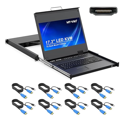 MT-VIKI® KVM Rack Mount HDMI with 17.3'' LCD Monitor, 1080P@60Hz Support OSD/Hotkey, Included 8 KVM Cables+Keyboard + Touchpad, Fit 1U 19'' Rack, Mount Depth 23.6-31.8"