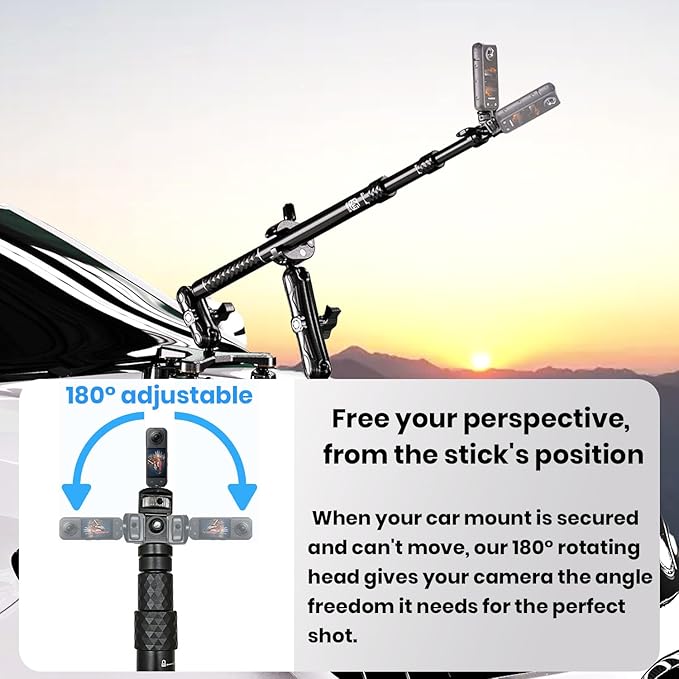 Thlevel Suction Car Mount for GoPro/Insta360/DJI | Aluminum Alloy Extendable Selfie Stick with Multi-Joint Flexible Arm | Upsized Strong Suction Mount Kit Includes Tripod Adapter