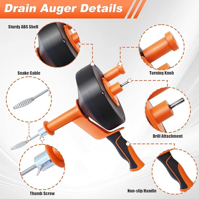 Drain Auger 33ft Drain Clog Remover with Drill Adapter, Flexible Plumbing Snake for Kitchen, Bathroom & Shower Sinks, Hair Clog Remover, Manual or Drill Powered, Full Set Included